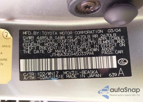 2004 Lexus Es 330 from USA, damaged, VIN JTHBA30G945033994